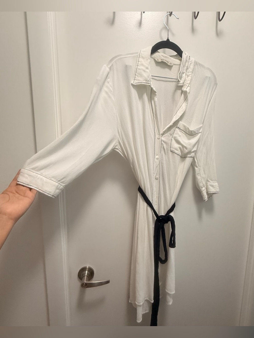 Zara Basic White Contrast Stitch Button Front Long Sleeve Shirt Dress Size L